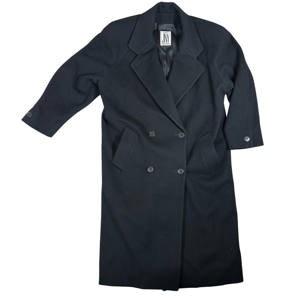 Jones Ny Black Double Breasted Long Wool Coat Overcoat Oversize Quiet Luxury